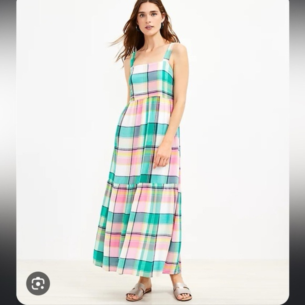 LOFT Pink and Green Plaid Maxi Dress